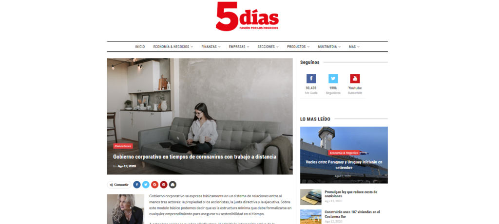 Artigo “Gobierno corporativo en tiempos de coronavirus con trabajo a distancia” no jornal 5 Días Artigo “Gobierno corporativo en tiempos de coronavirus con trabajo a distancia” no jornal 5 Días
